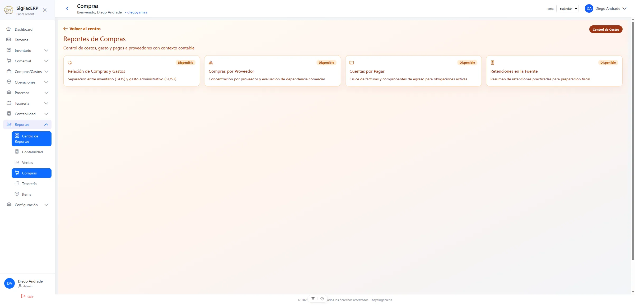Captura de pantalla de Reportes de Compras